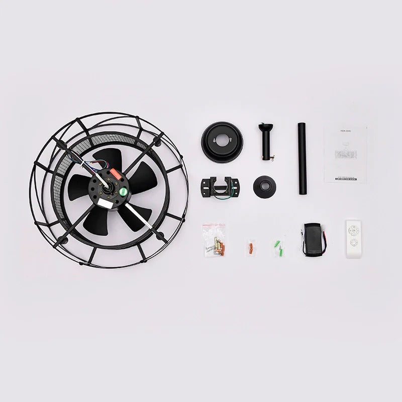Industrial black caged ceiling fan with light and remote control included - Elirian
