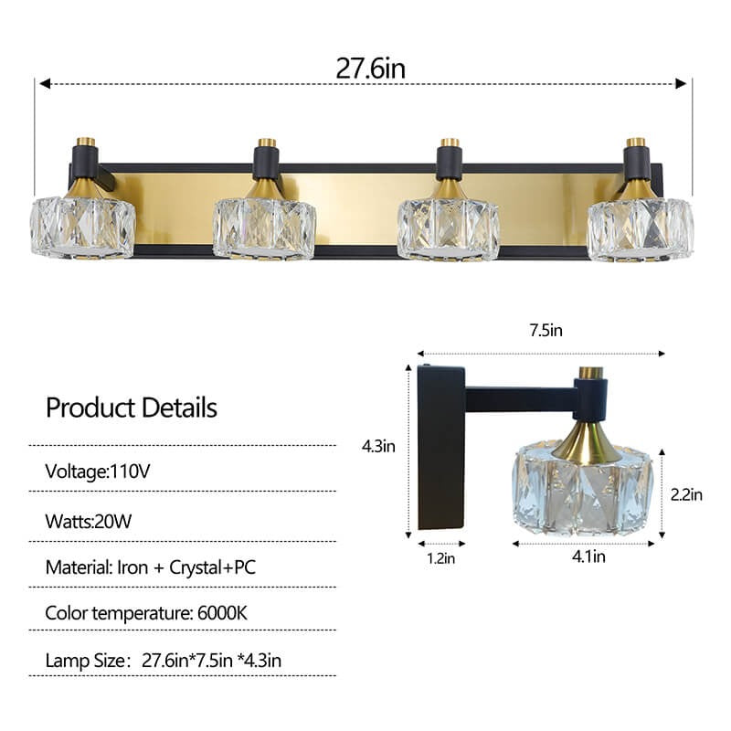 Modern crystal 4-light LED vanity wall fixture black brass bathroom lighting - Elirian