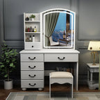 White makeup vanity with LED mirror, six drawers, and storage shelving - Elirian