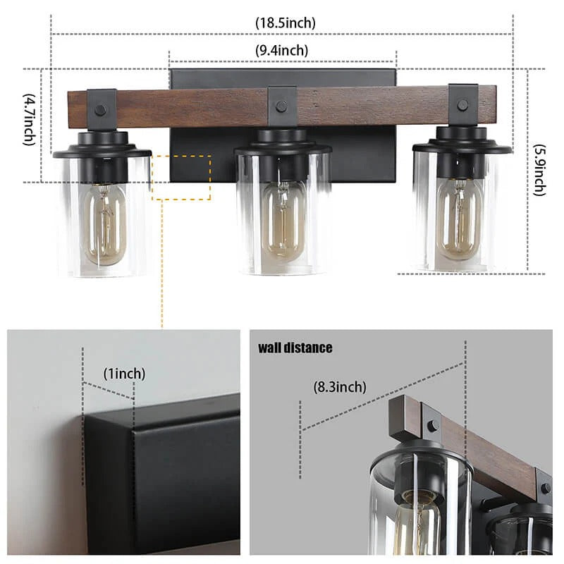 3-Light Rustic Bathroom Vanity Light Fixture with Clear Glass Shades and Wood Accent - Elirian