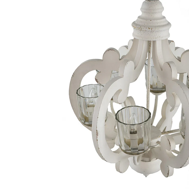 Cream wooden farmhouse candelabra pendant light with six glass candle holders - Elirian