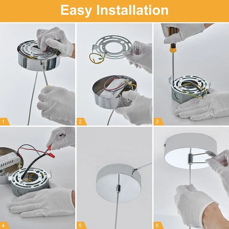 Modern crystal glass LED pendant light installation guide showing six easy assembly steps - Elirian