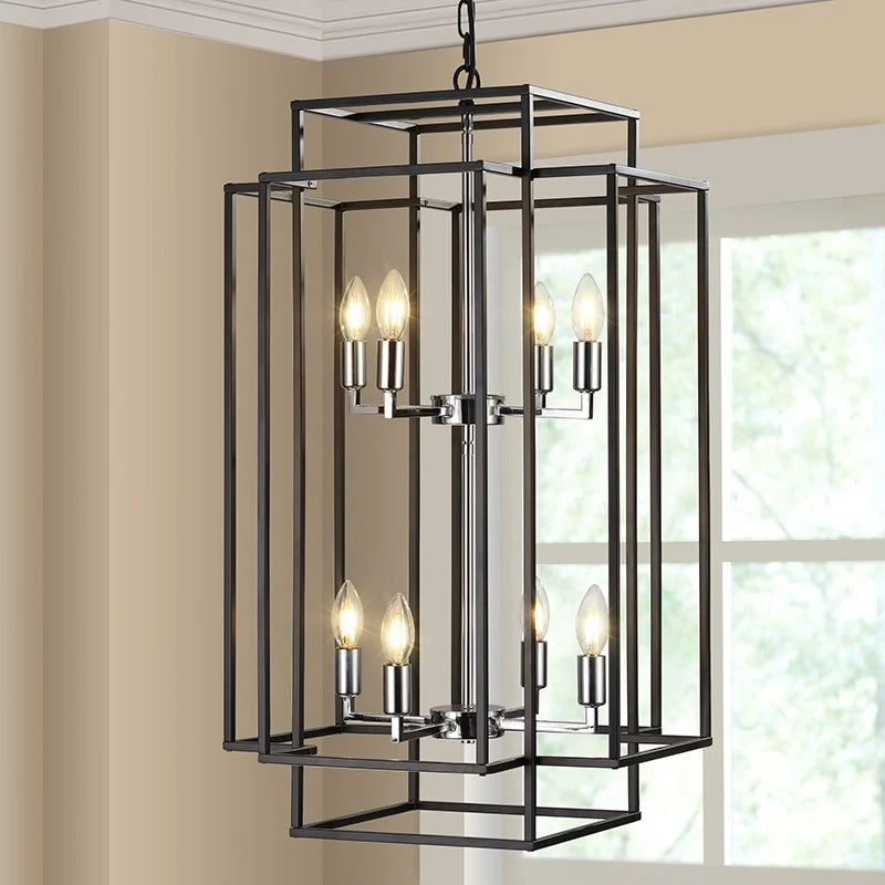 18" Farmhouse Black & Silver Tiered Lantern Chandelier with 8 Lights
