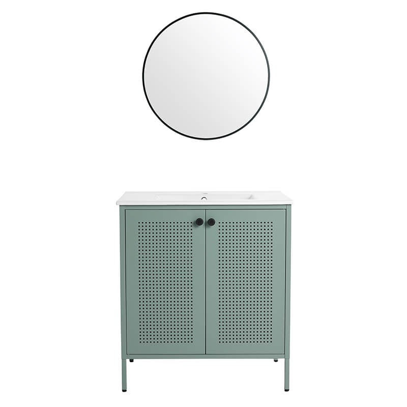 30" Mint Green Steel Bathroom Vanity with Ceramic Sink and Mesh Doors