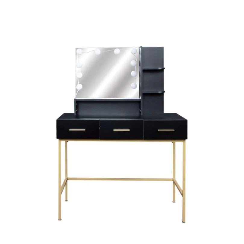 39" Black Makeup Vanity with 10-LED Mirror, 3 Drawers, Open Shelves and Stool