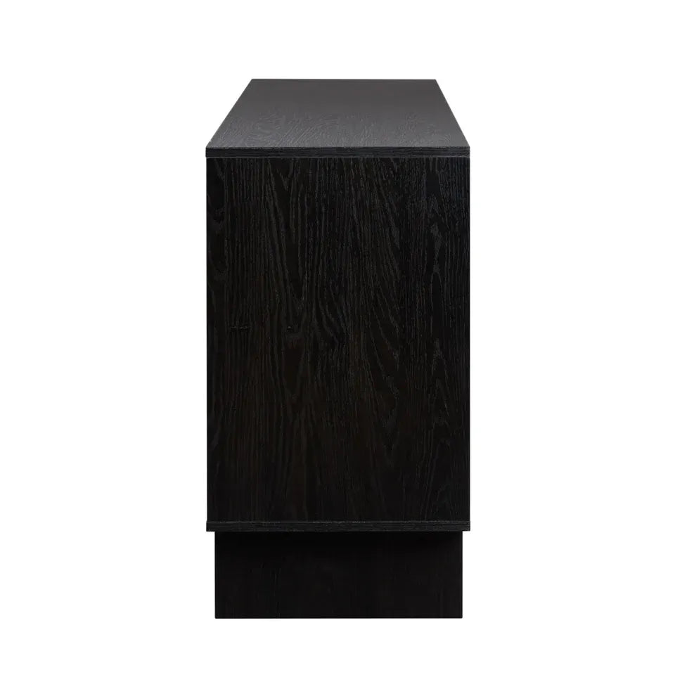 Schwarzes 160 cm breites Sideboard aus Küsteneiche mit abgeschrägten Schubladen und Kabeldurchführung