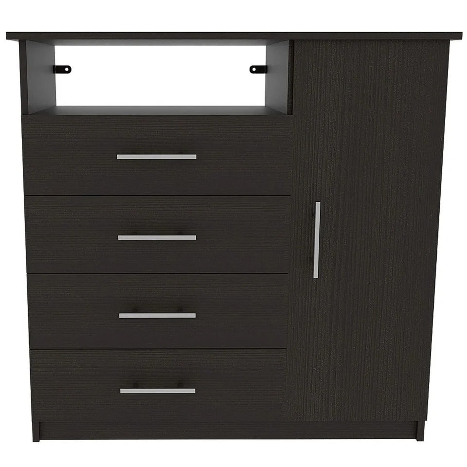 Modern Black Wengue 4-Drawer Dresser with Open Shelf & Door
