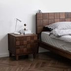 Solid Walnut 2-Drawer Nightstand with Geometric Tile Front & Metal Handles