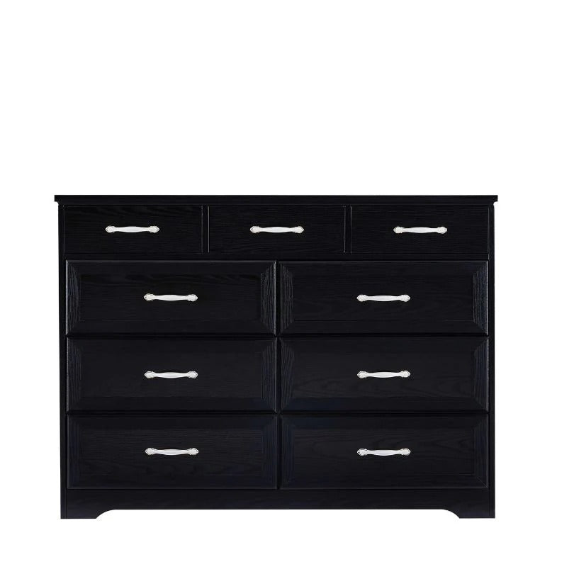 Nine-Drawer Black Wood Dresser with White Antique-Style Handles