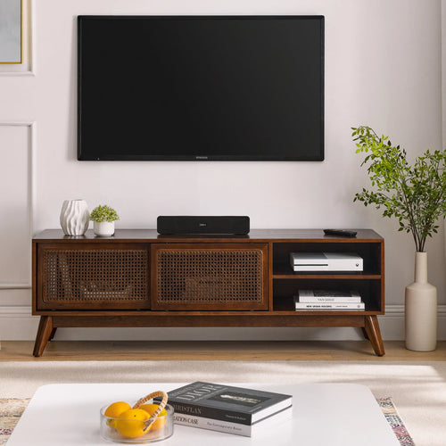 Mid-century modern walnut TV stand with rattan cabinet doors and open shelving - Elirian