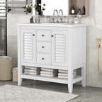 36" White Freestanding Bathroom Vanity with Sink, Cabinet & Open Shelf