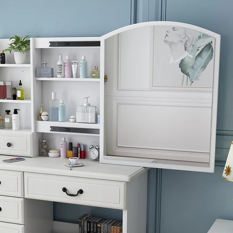White makeup vanity with LED mirror, drawers, and glass storage cabinet - Elirian