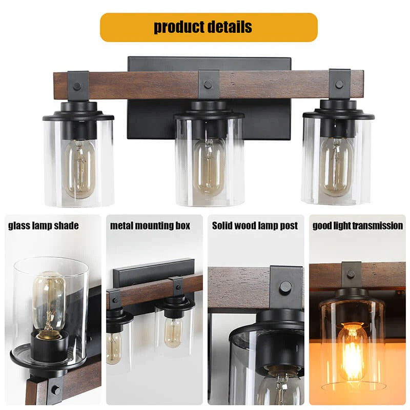 3-Light Rustic Bathroom Vanity Light Fixture with Clear Glass Shades - Elirian