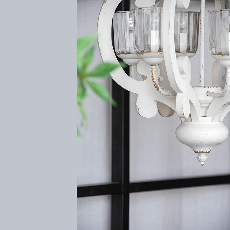 Cream farmhouse pendant light with six glass cylinder shades and wood accents - Elirian