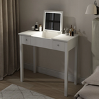 White makeup vanity table with LED mirror, drawers, and storage - Elirian