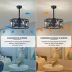 Industrial matte black caged ceiling fan with seasonal airflow direction guide for summer and winter - Elirian