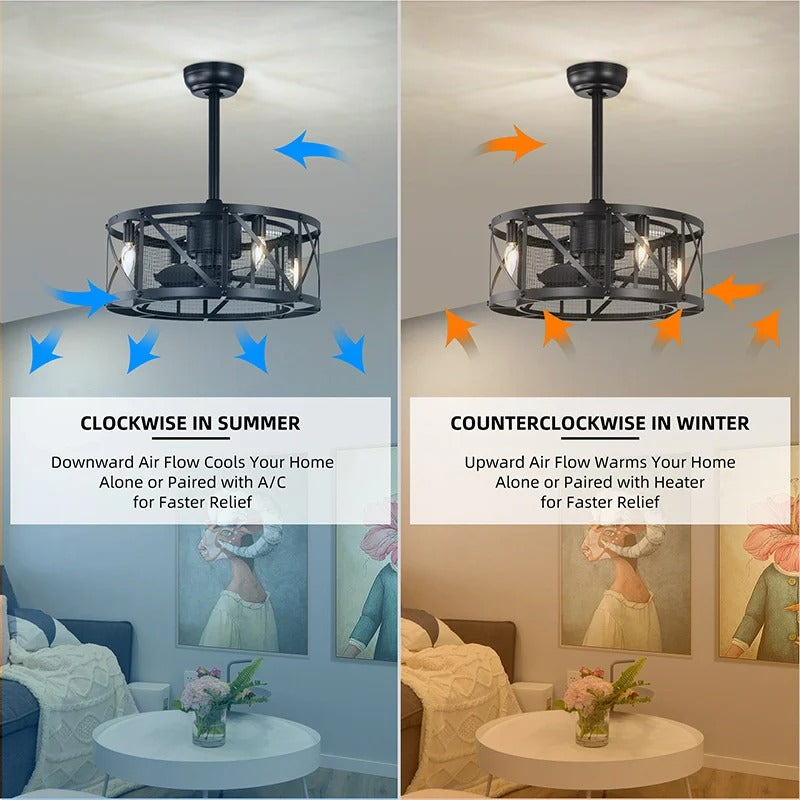 Industrial matte black caged ceiling fan with seasonal airflow direction guide for summer and winter - Elirian