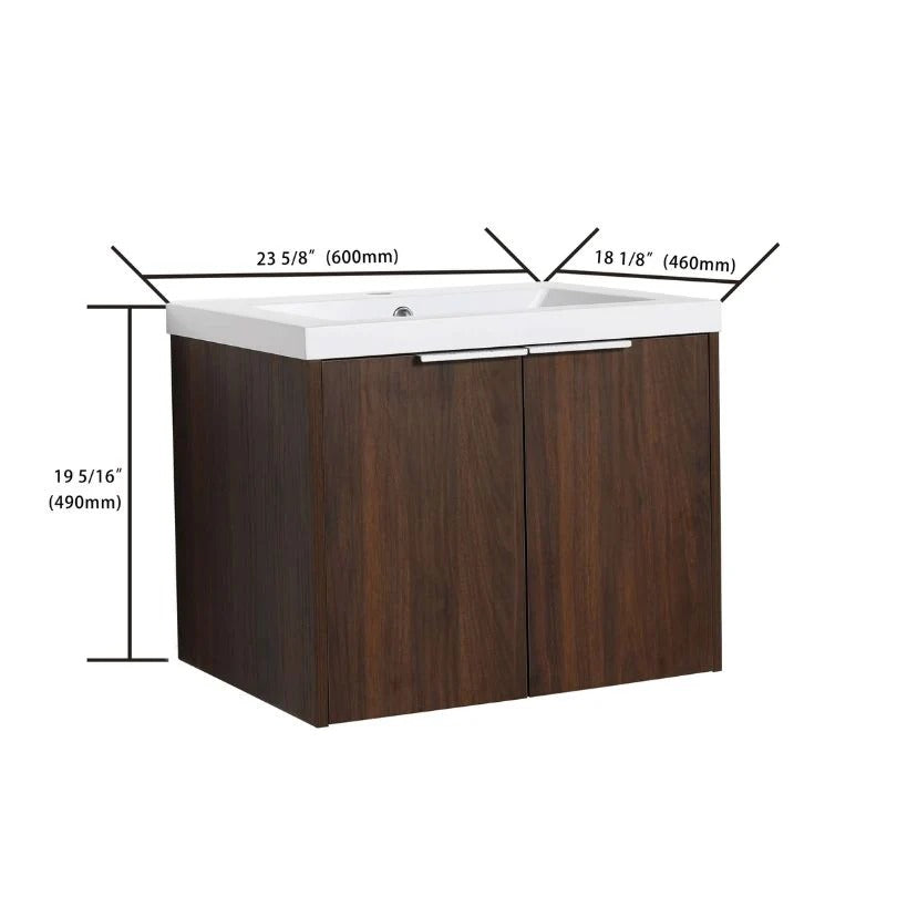 24" Dark Walnut Floating Bathroom Vanity with Resin Sink & Soft-Close Doors