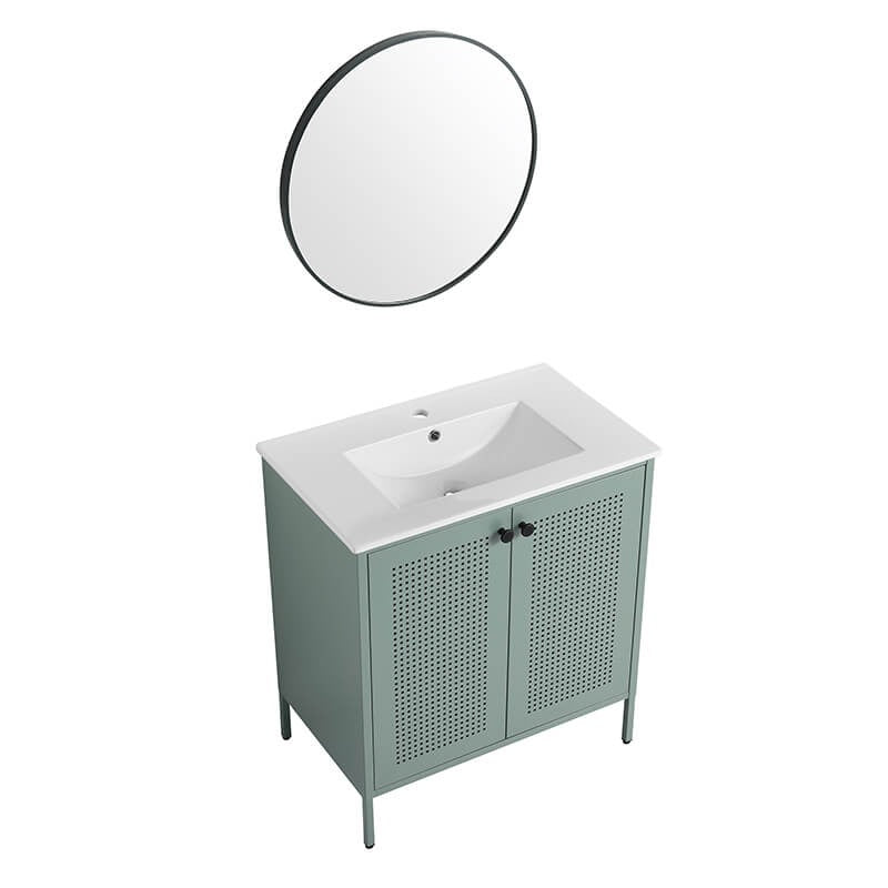 30" Mint Green Steel Bathroom Vanity with Ceramic Sink and Mesh Doors
