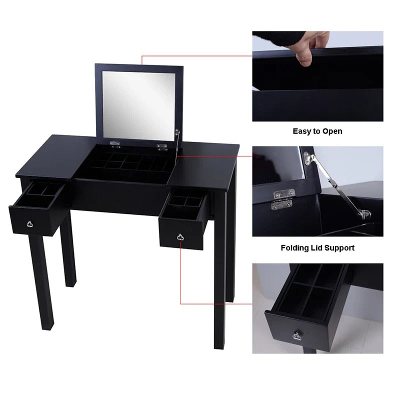 31.5" Black Flip-Top Vanity Table with Hidden Mirror, 2 Drawers & Centre Storage