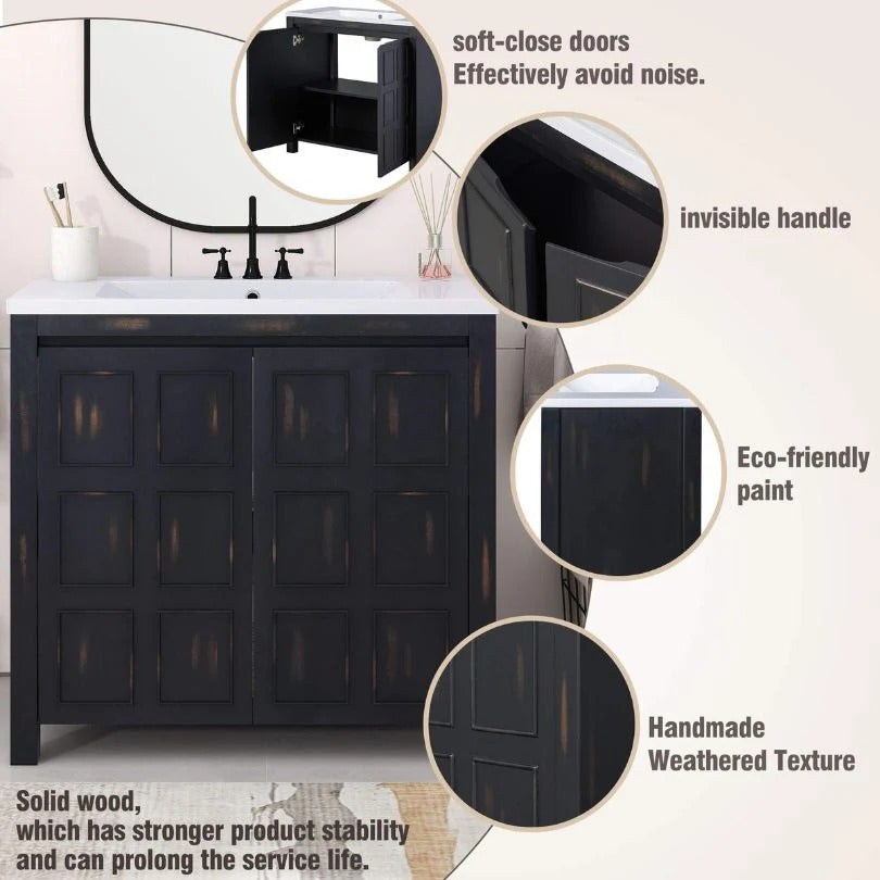 36" Retro Espresso Bathroom Vanity with Resin Sink & Soft-Close Cabinet