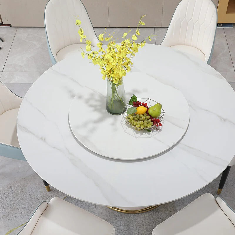 Round Beige Turntable Dining Table with Metal & Wood Pedestal Base