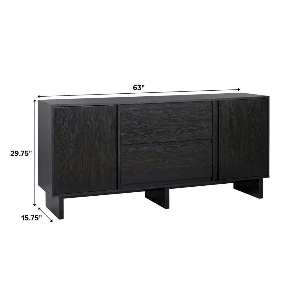 Schwarzes 160 cm breites Sideboard aus Küsteneiche mit abgeschrägten Schubladen und Kabeldurchführung
