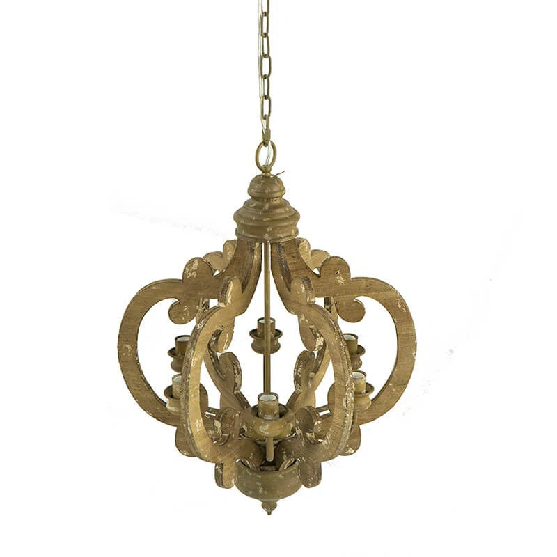 Ornate wooden candelabra pendant light with scrolled arms and beige finish - Elirian