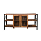 Meuble TV industriel en noyer et métal avec placard à porte grillagée et étagères ouvertes