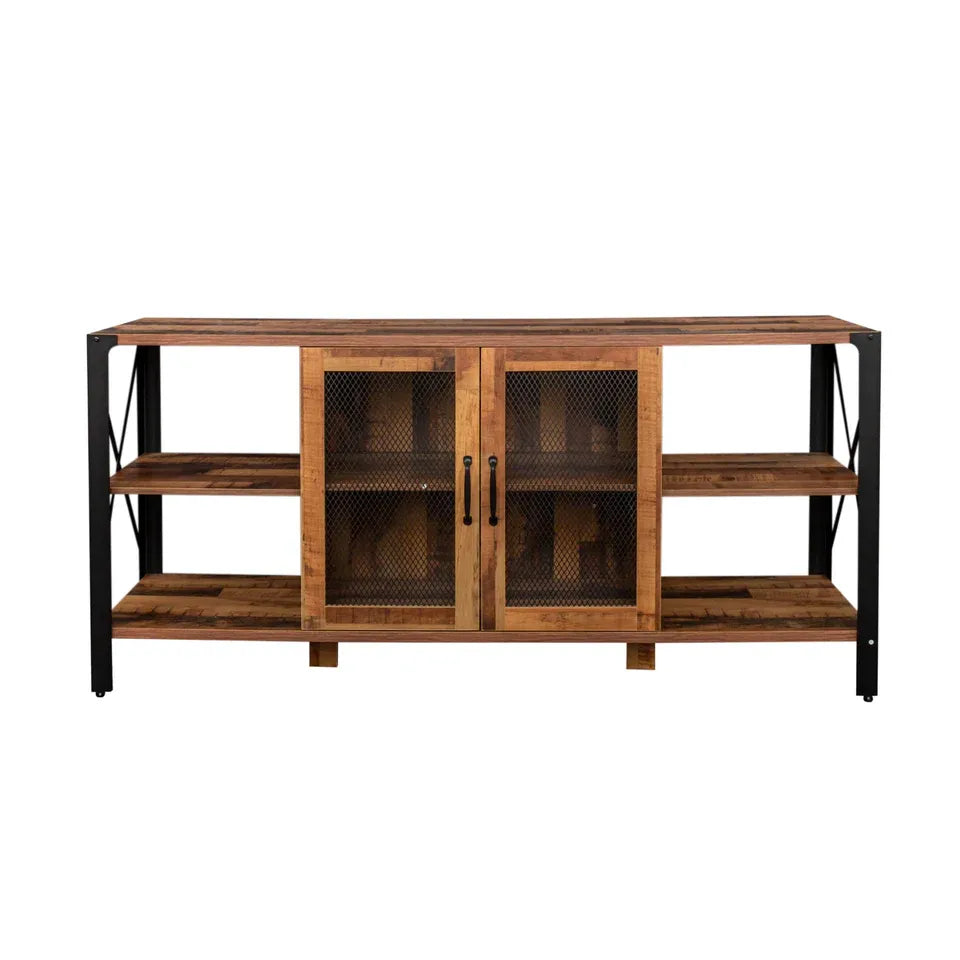 Meuble TV industriel en noyer et métal avec placard à porte grillagée et étagères ouvertes
