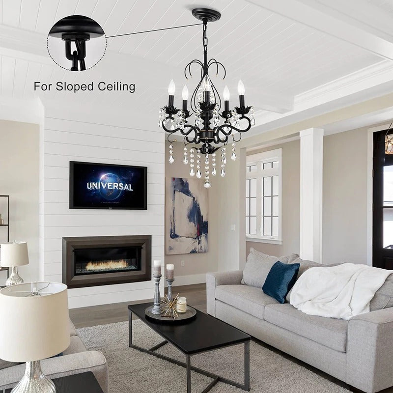 Black crystal chandelier pendant light with sloped ceiling adapter in modern living room - Elirian