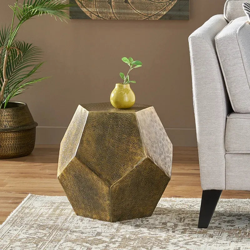 Hexagonal Gold Side Table with Handcrafted Textured Surface