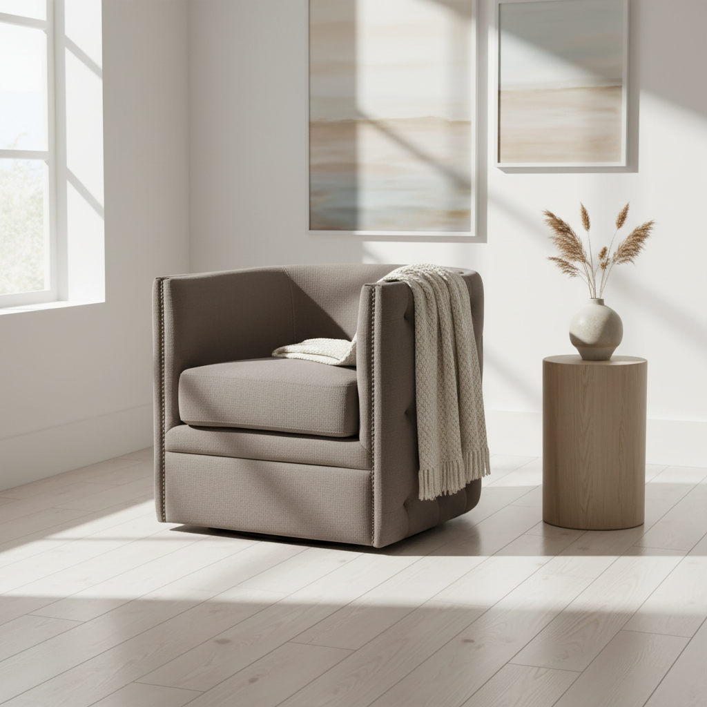Modern Capstone Swivel Barrel Accent Chair with Tufting and Nail heads