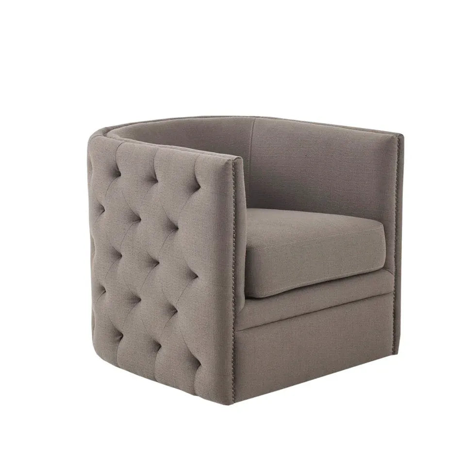 Modern Capstone Swivel Barrel Accent Chair with Tufting and Nail heads