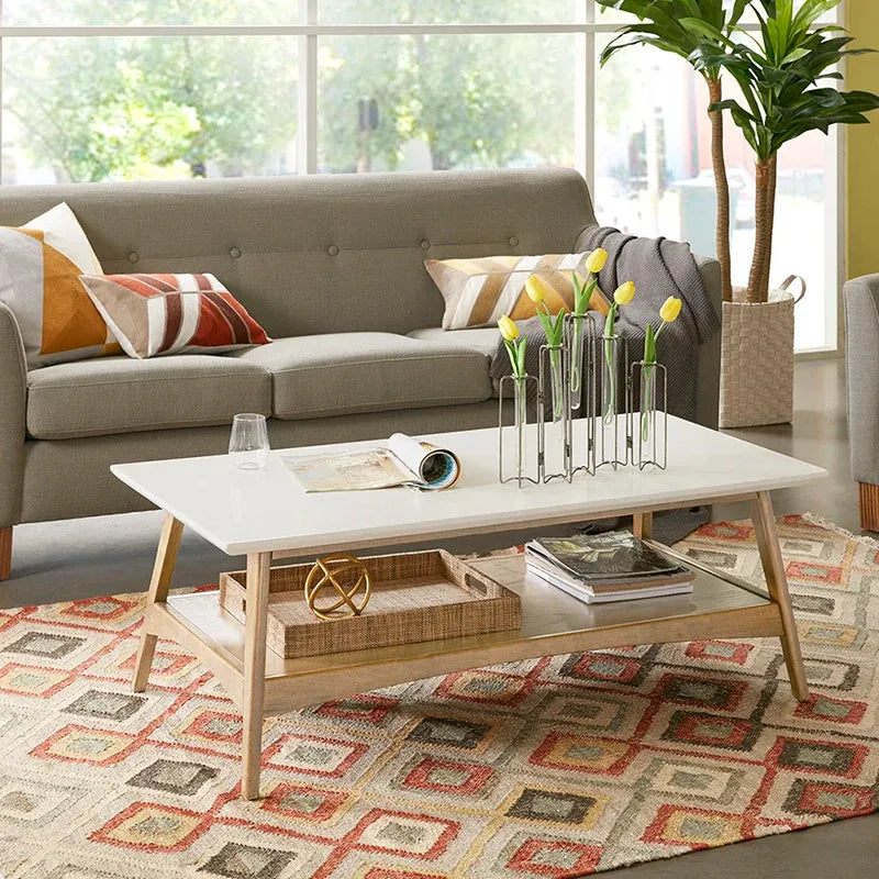 48" Mid-Century Two-Tone Coffee Table with Off-White Top & Natural Base
