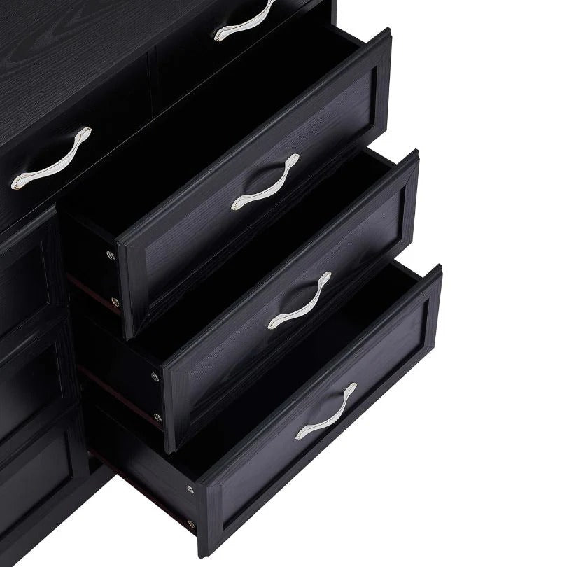 Nine-Drawer Black Wood Dresser with White Antique-Style Handles
