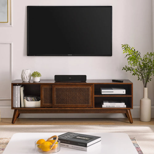 Mid-century modern walnut TV stand with rattan doors and open shelving for media storage - Elirian
