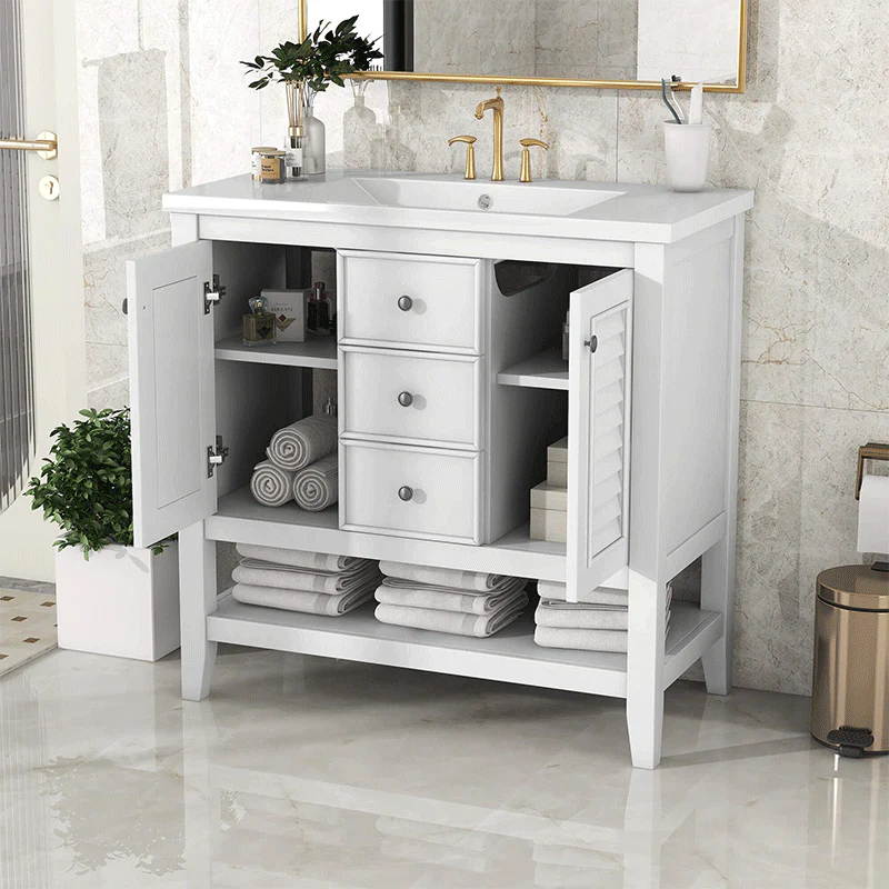 36" White Freestanding Bathroom Vanity with Sink, Cabinet & Open Shelf