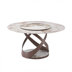 Beige Round Sintered Stone Dining Table with Turntable & X-Shaped Metal Base