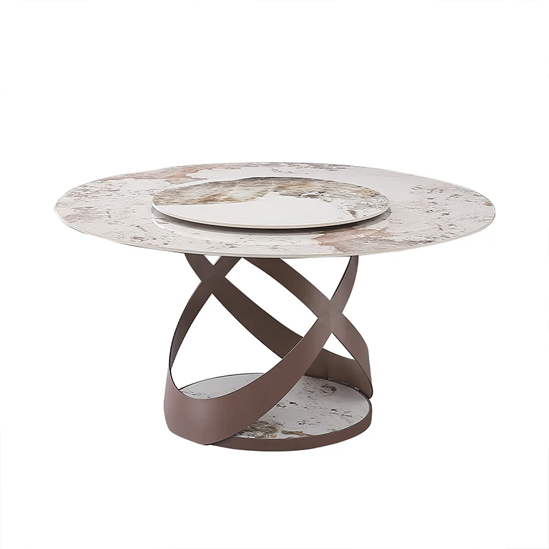 Beige Round Sintered Stone Dining Table with Turntable & X-Shaped Metal Base