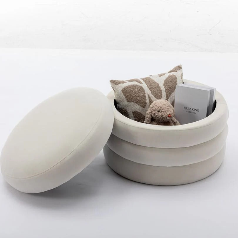 Pouf ottoman rond en boucle souple ivoire avec espace de rangement