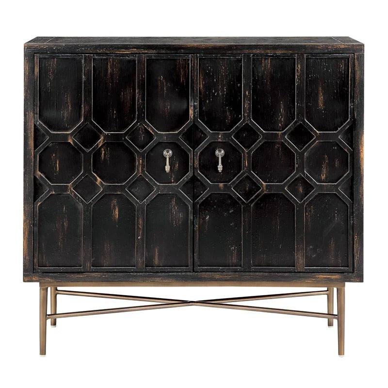 Distressed Black Two-Door Cabinet with Carved Fronts and Bronze Legs