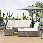 Beige 6-Piece Rattan Outdoor Patio Set with Storage Table, Ottoman & Cushions