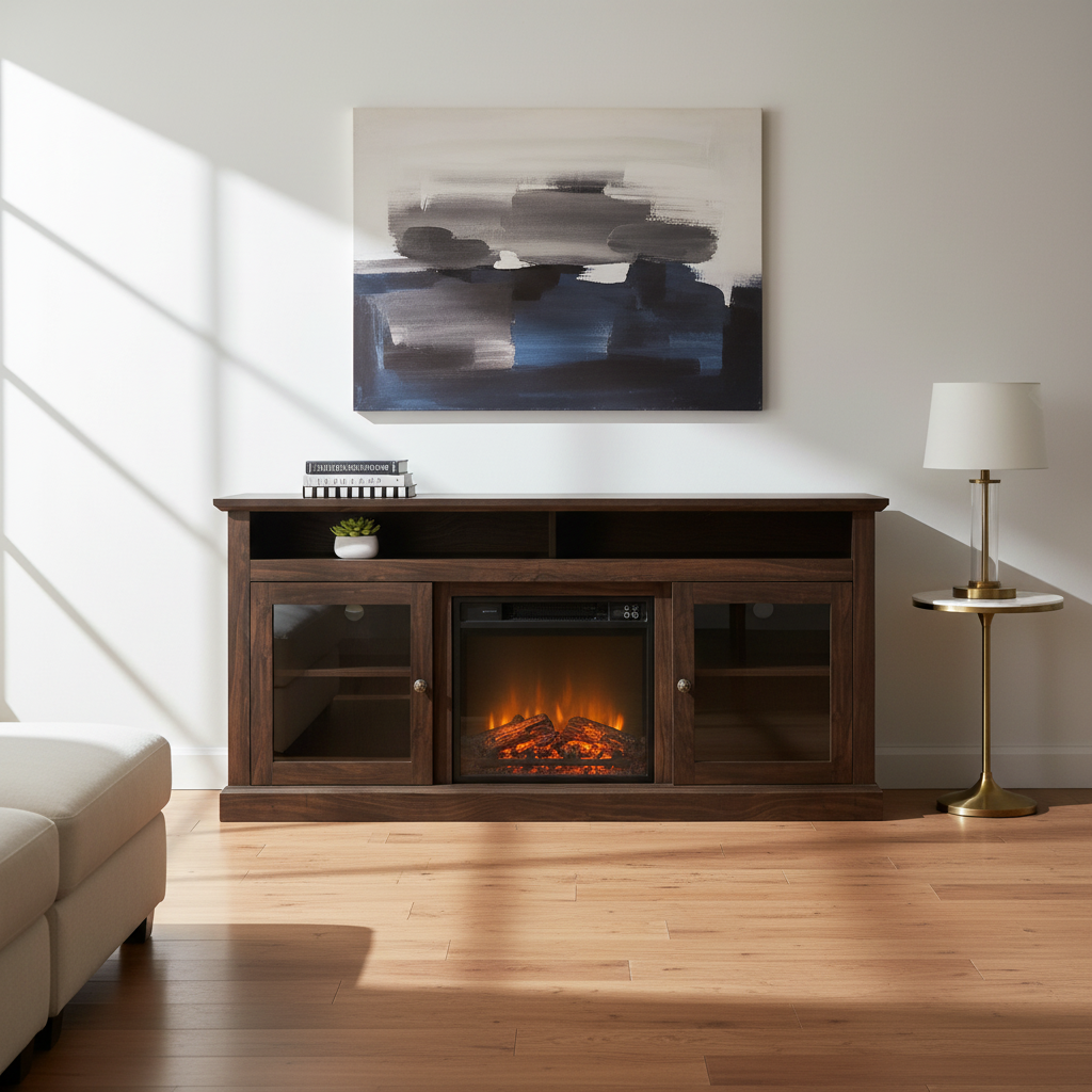 Modern TV Media Console Cabinet with Fireplace & Storage Space