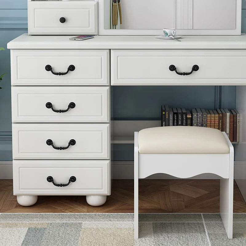 White makeup vanity with six drawers, LED mirror, and sliding glass door - Elirian