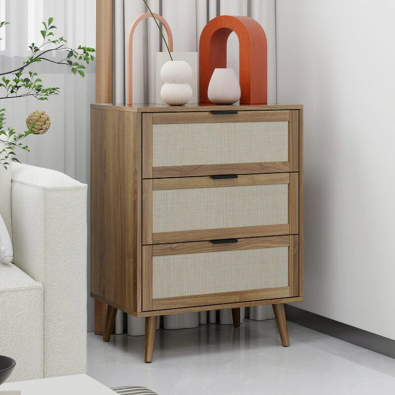 Modern Walnut 3-Drawer Rattan Cabinet with Wood Legs