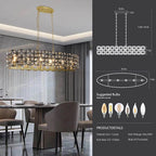 Modern champagne gold oval crystal pendant light with dimensions and installation specifications - Elirian