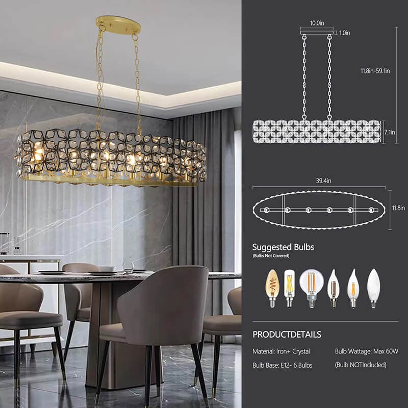 Modern champagne gold oval crystal pendant light with dimensions and installation specifications - Elirian
