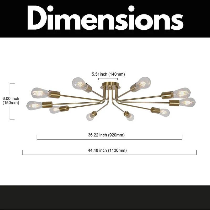 Modern brushed gold sputnik semi-flush ceiling light fixture with 10 arms - Elirian