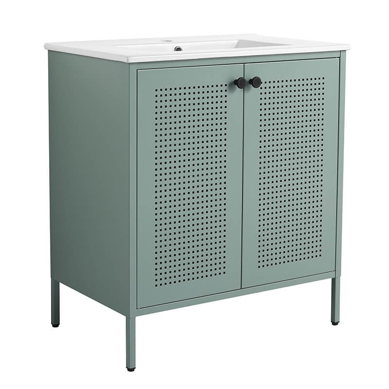 30" Mint Green Steel Bathroom Vanity with Ceramic Sink and Mesh Doors